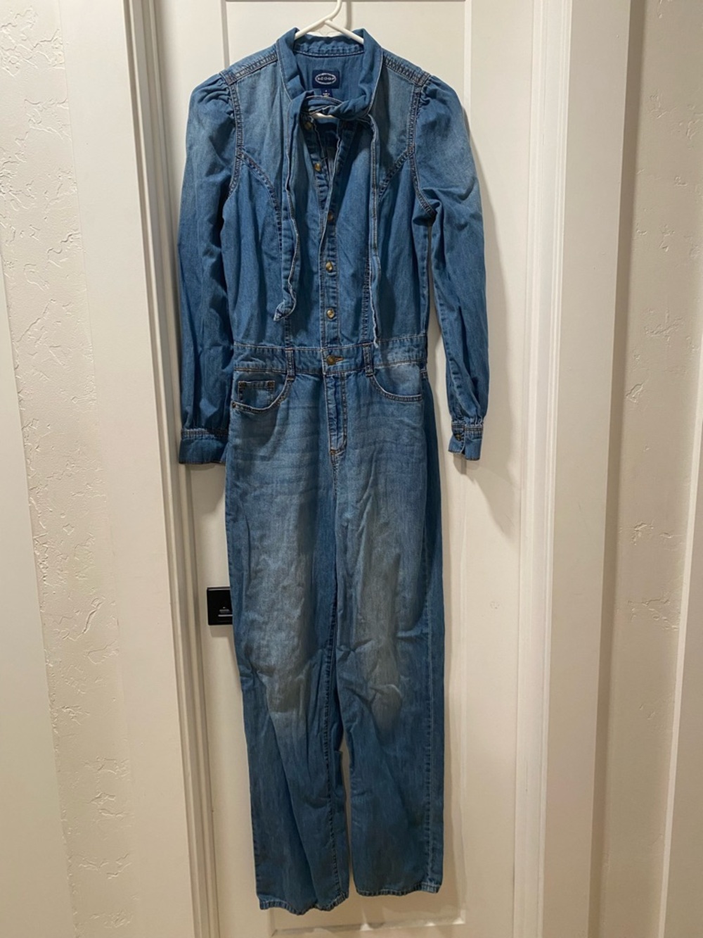 Scoop Denim Jumpsuit with Tie Neck